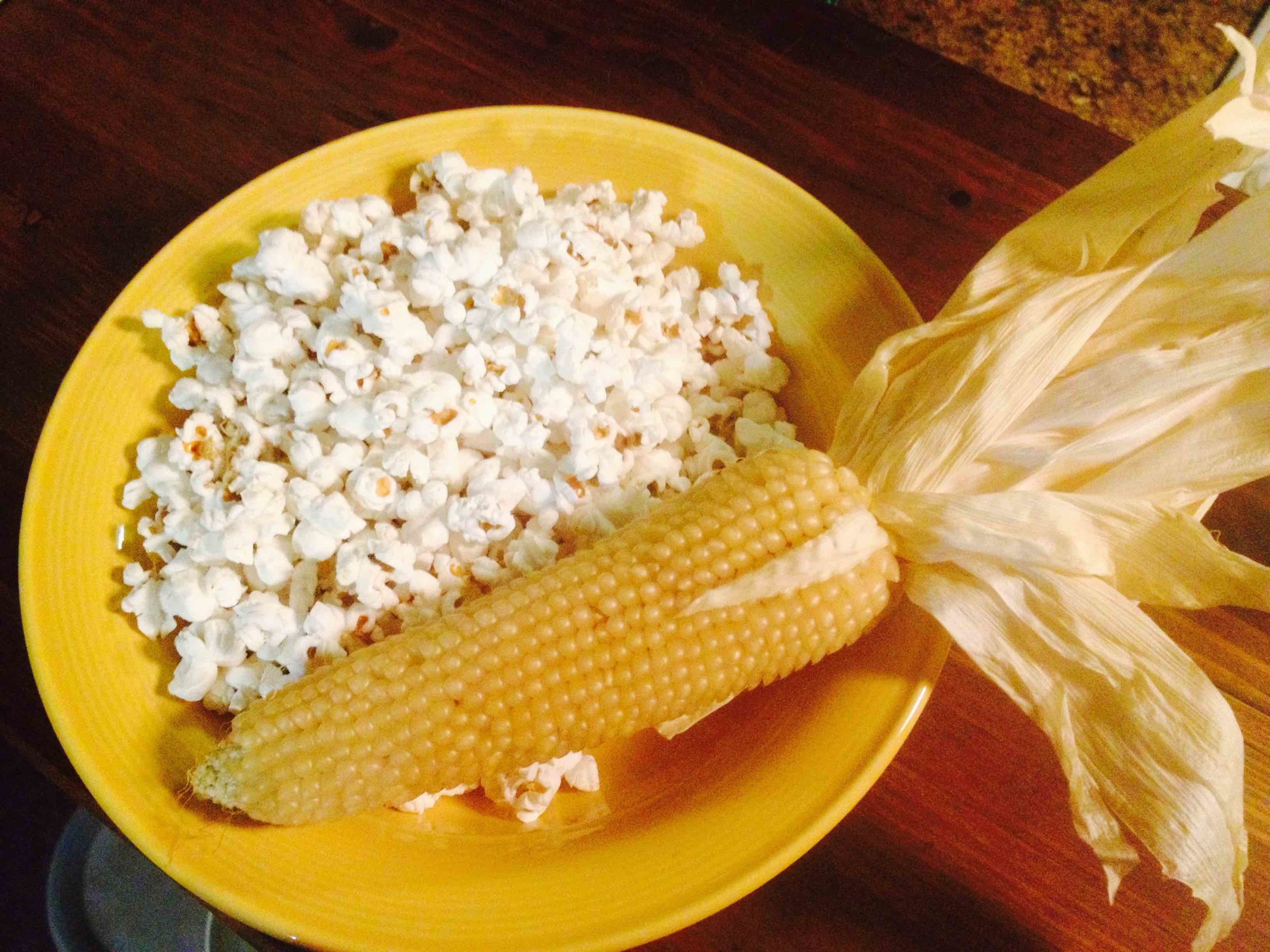 Ingredients to make popcorn, including butter, corn grains